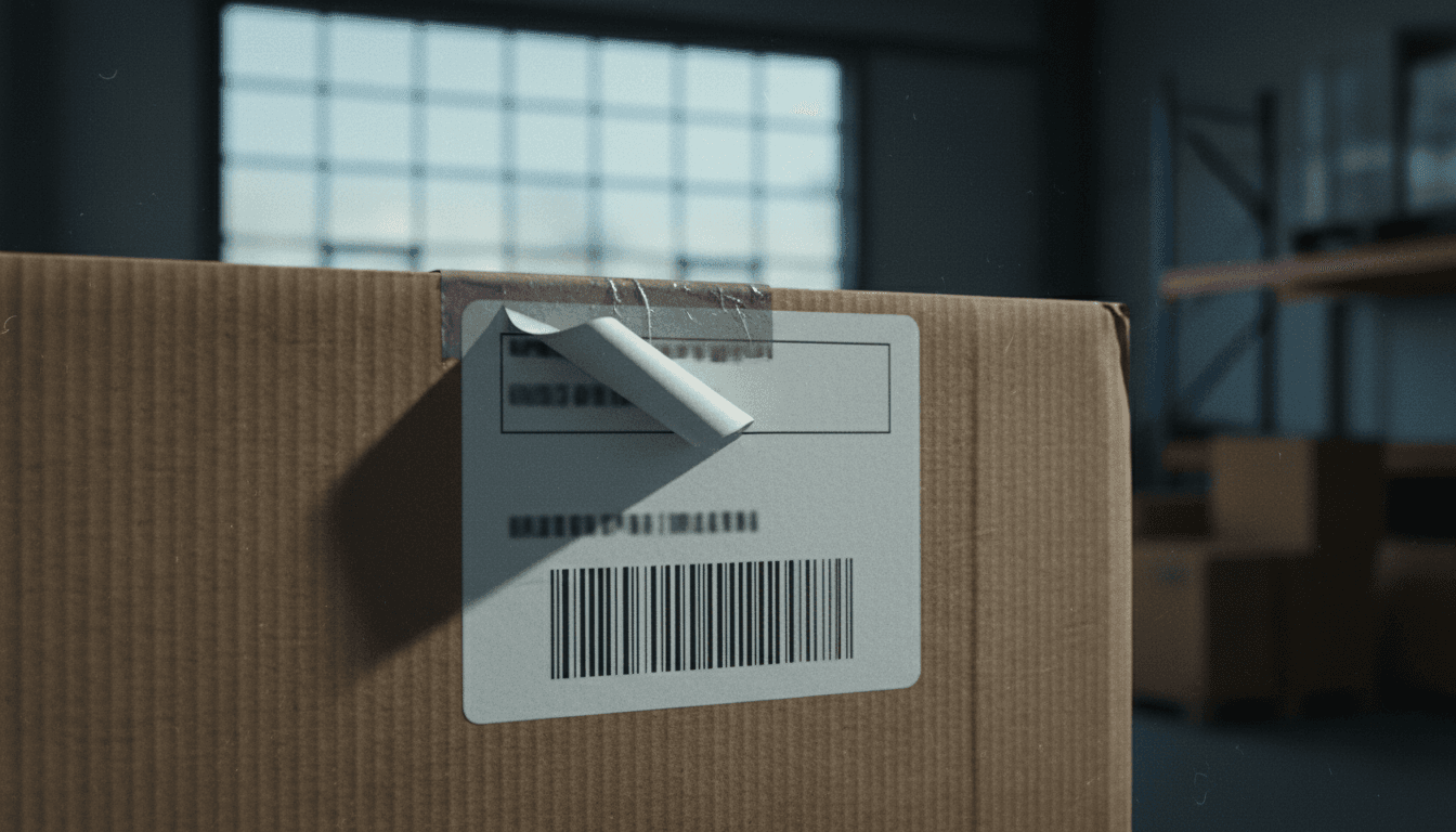 Close-up of a shipping label on a cardboard box