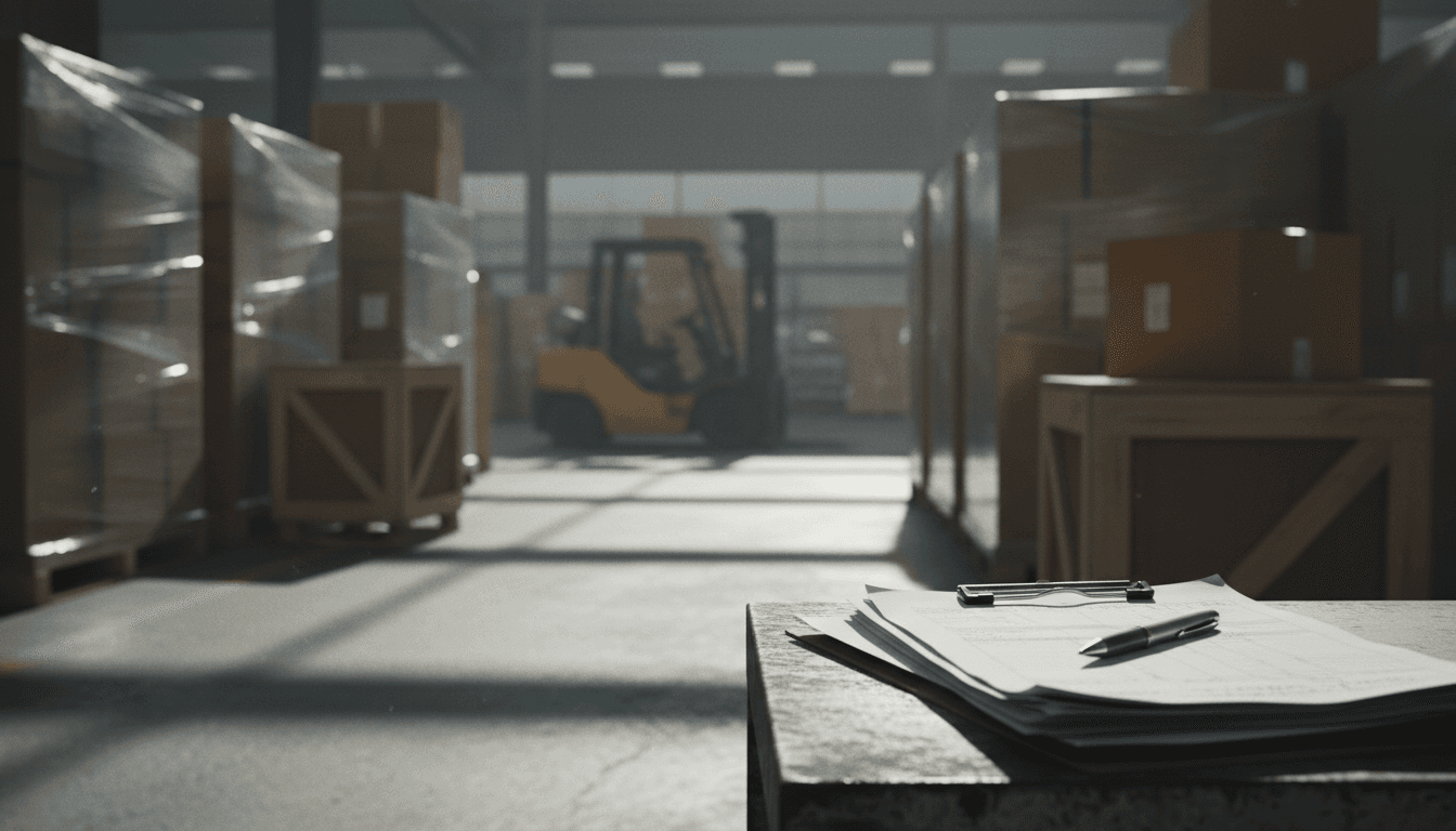 Shipping packages and a clipboard on a warehouse table, ready for insurance paperwork.