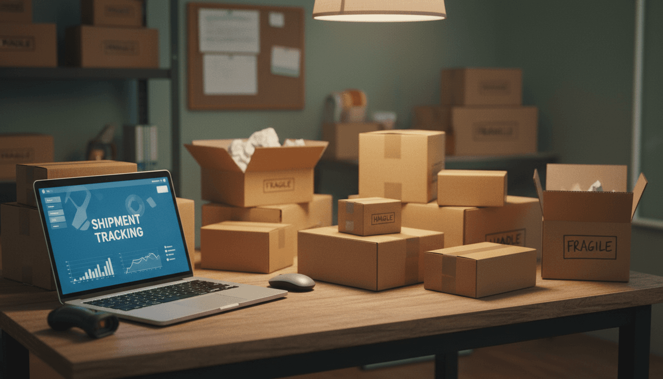 Packages and laptop showing multi-carrier shipping software