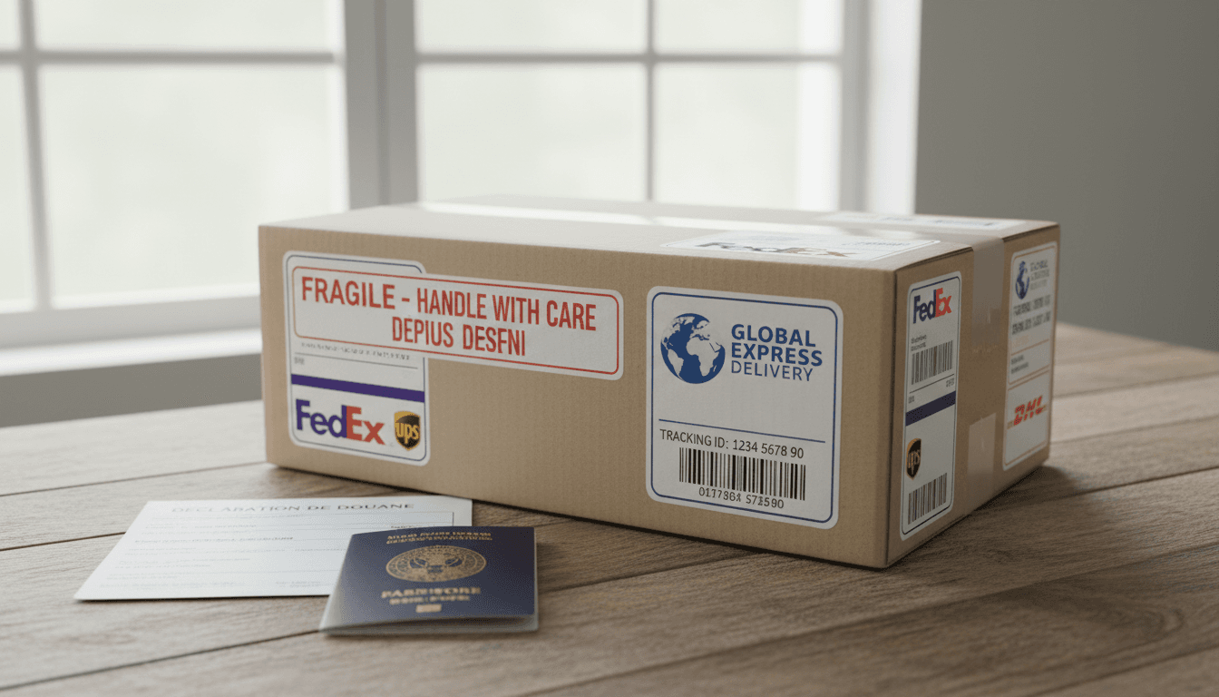 Package with international shipping labels and a passport