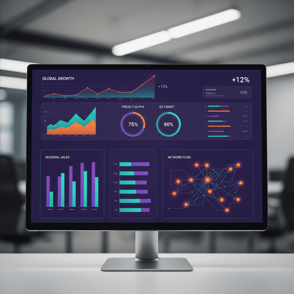 Computer monitor showing a claims status dashboard with coffee cup beside it
