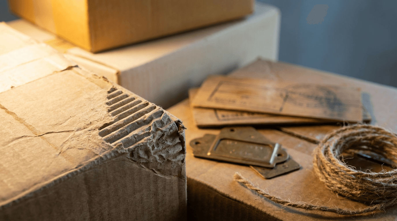 Stack of various sized cardboard boxes with international shipping labels in a warehouse