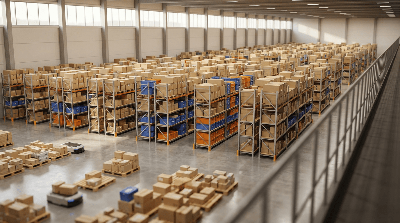 Stack of cardboard packages on a conveyor belt in a warehouse