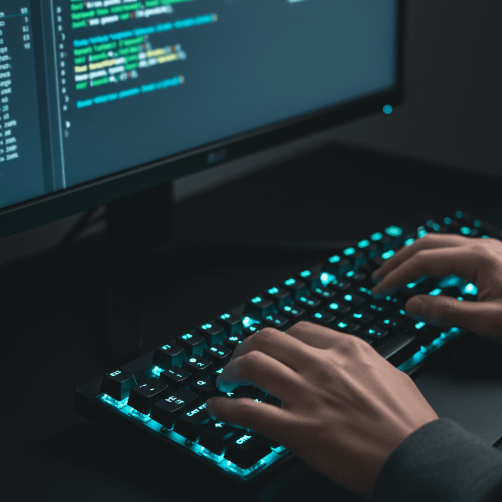 Close-up of hands typing code on a mechanical keyboard with a monitor showing an API interface
